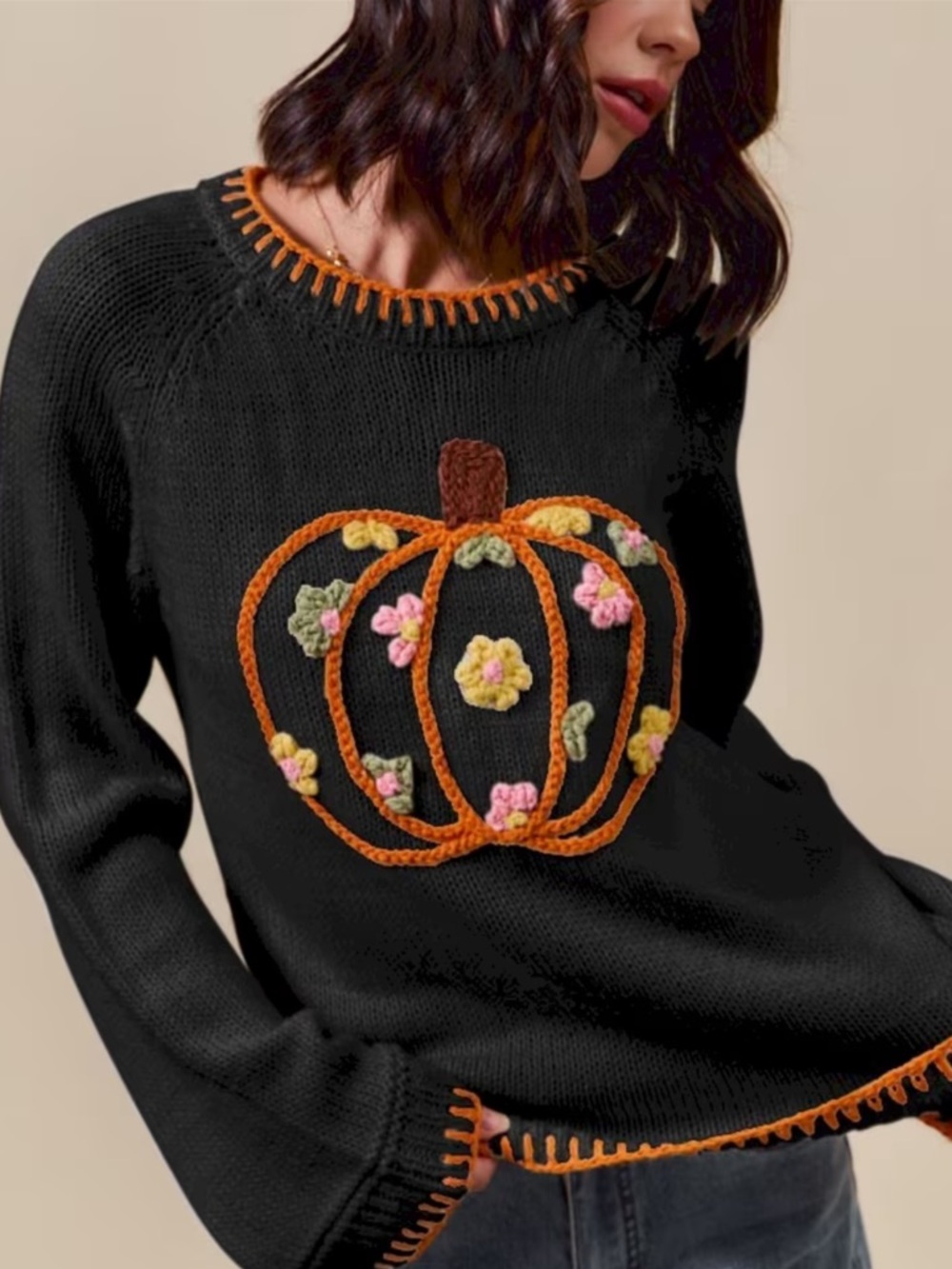 So Me Sweater with Pumpkin and Pastel Floral Appliqué